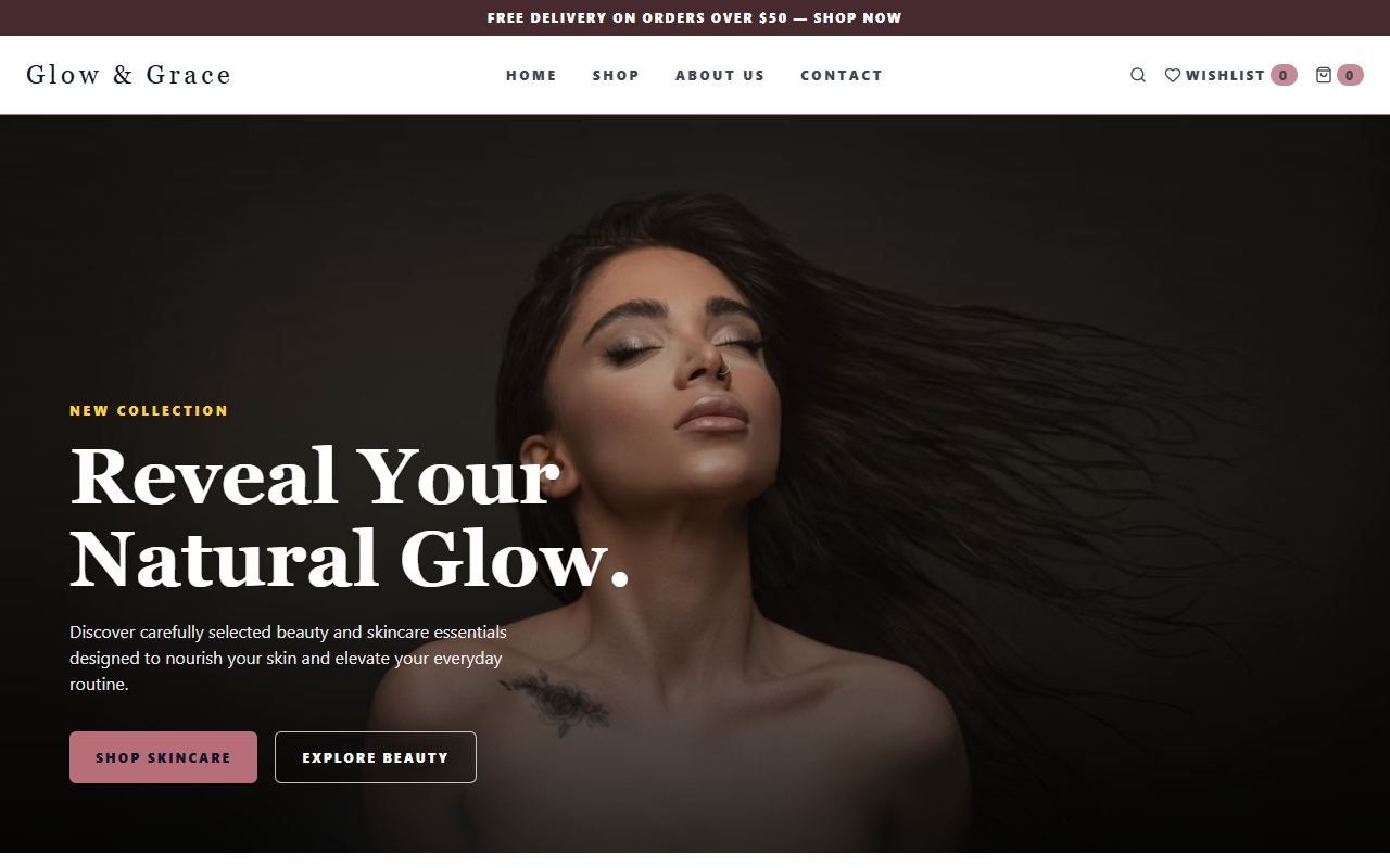 Glow & Grace homepage, built with BlaBla